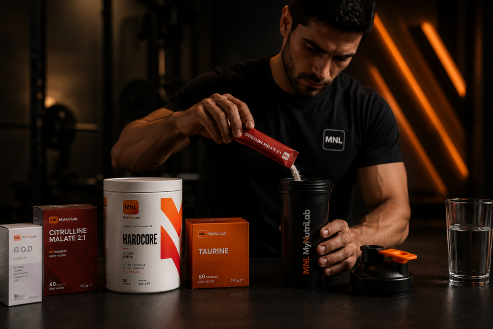 Préparation d’une dose de pré-workout MyNutriLab dans un shaker