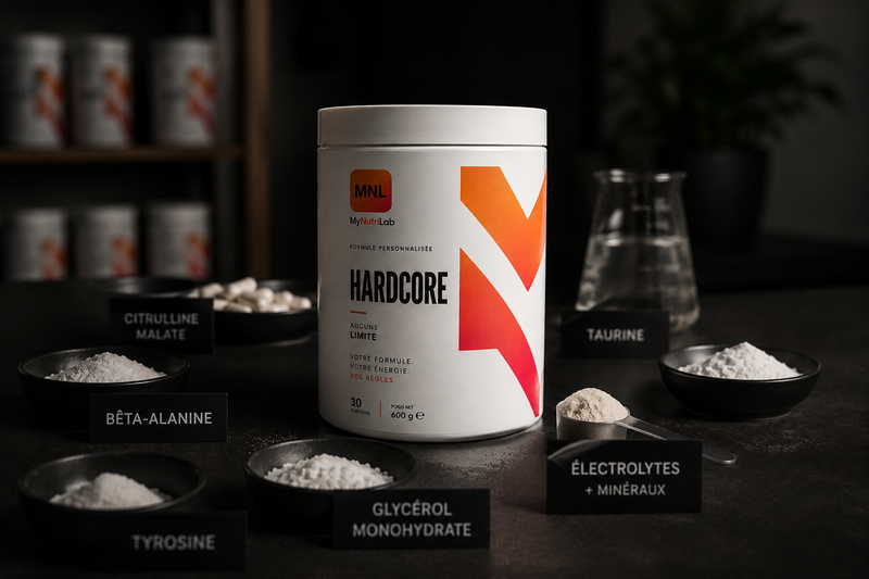 Composition transparente : chaque actif pesé, visible autour du pot MyNutriLab