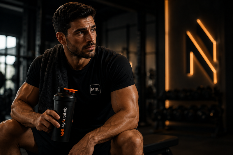 Athlète à la salle de sport le soir avec son shaker MyNutriLab