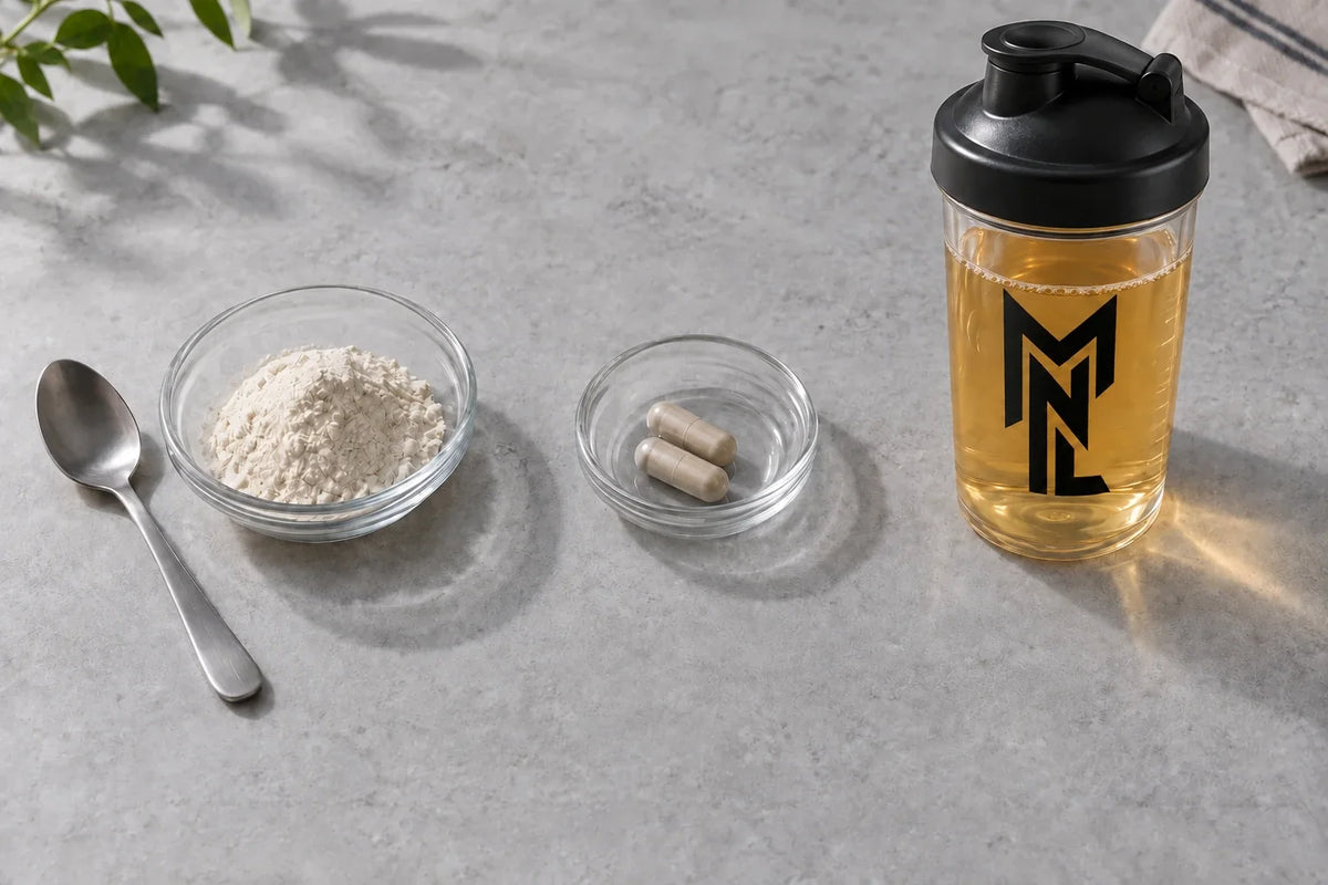 Illustration des formats : poudre, gélules et boisson dans un shaker transparent au monogramme noir MyNutriLab.