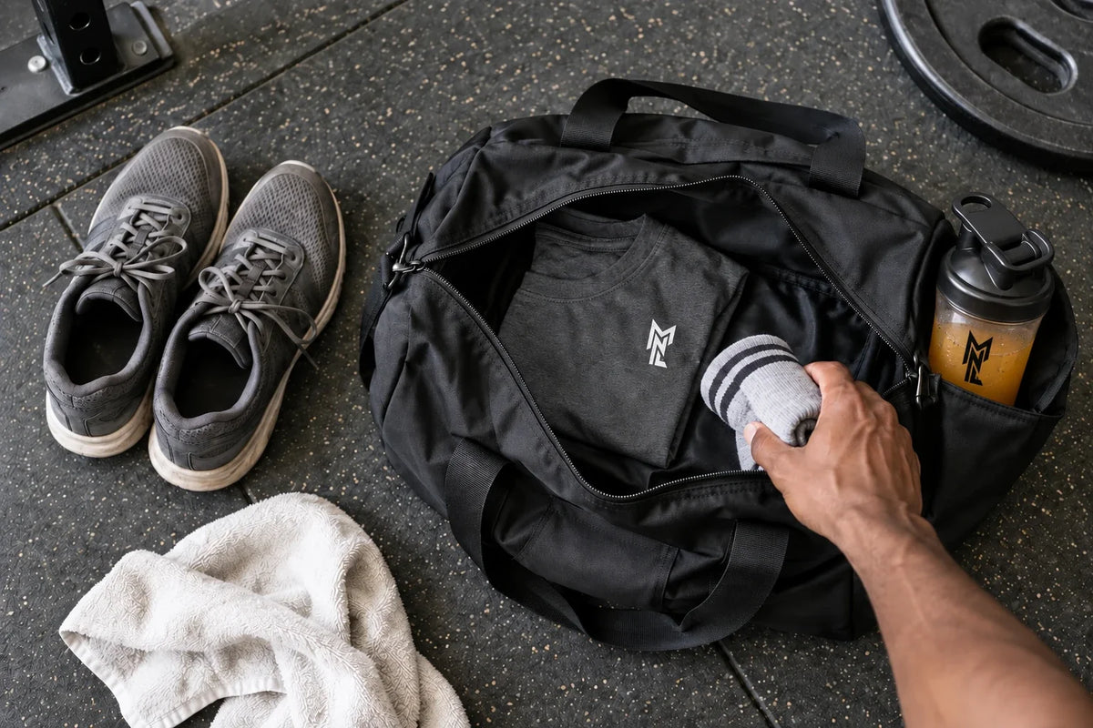 Scène d’illustration : sac de sport et shaker transparent ambré au monogramme noir MyNutriLab.