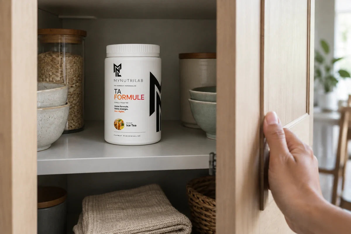 Scène d’illustration : pot MyNutriLab fermé, avec son étiquette, rangé dans un placard.