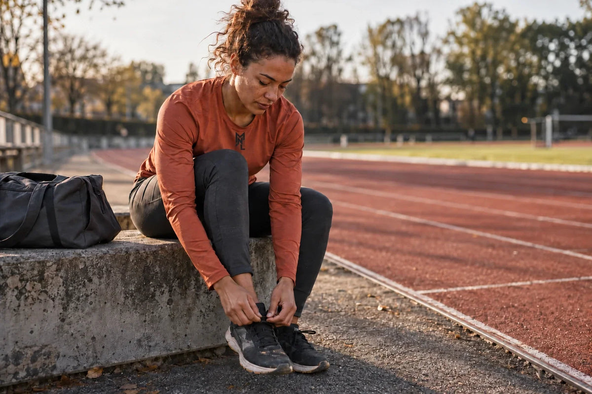 Scène d’illustration : une sportive lace ses chaussures près d’une piste.