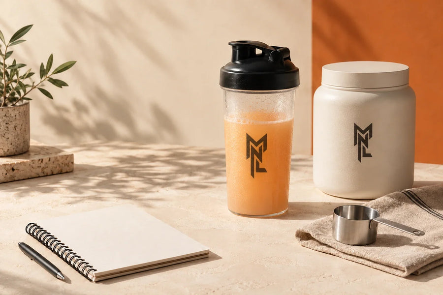 Scène d’illustration : shaker au couvercle noir, pot neutre fermé et carnet sur une table crème.