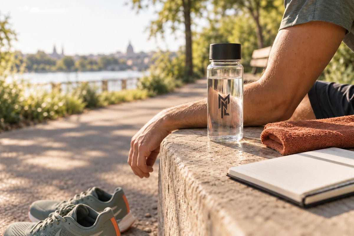 Scène d’illustration : bouteille d’eau, carnet et serviette près d’une personne au repos après une activité extérieure.