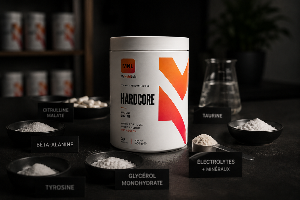 Pré-workout MyNutriLab : chaque actif pesé séparément — citrulline malate, bêta-alanine, tyrosine, glycérol, taurine, électrolytes
