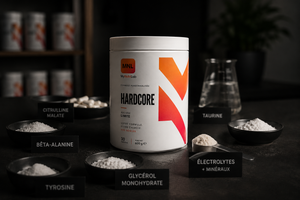 Pré-workout MyNutriLab : chaque actif pesé séparément — citrulline malate, bêta-alanine, tyrosine, glycérol, taurine, électrolytes