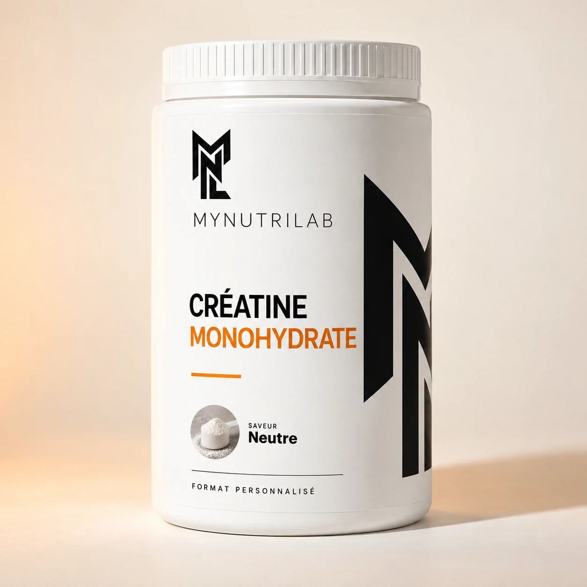 MyNutriLab — Créatine monohydrate, saveur Neutre. Pot blanc avec pastille du goût. Visuel d’illustration, étiquette non définitive.