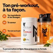 Personnalise ton pré-workout MyNutriLab en trois choix : tes ingrédients et tes dosages, ta saveur, puis le nom sur le pot. Tu personnalises en ligne, MyNutriLab prépare ta formule. Un pot et un shaker au logo noir — visuel d’illustration, exemple Ice Tea.